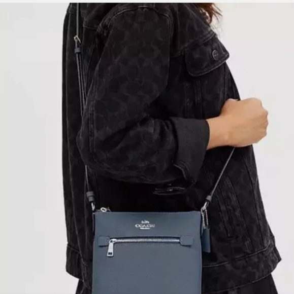 COACH Mini Rowan File Bag in Crossgrain Leather Silver/Light Mist CE871 NWT - Picture 4 of 5